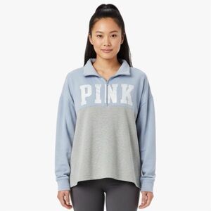 PINK Victorias Secret Blue Half Zip Holographic Spell Out Pullover Women’s Sz L